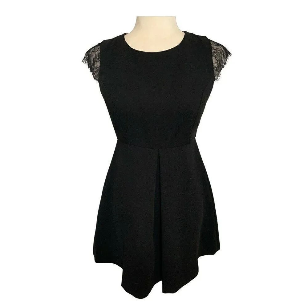 bcbg womens solid black tank Crew Neck lace mini fit flare dress 4 small